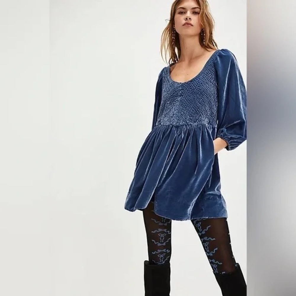 NWOT Free People Farrier Velvet Mini Dress in Harbor Blue